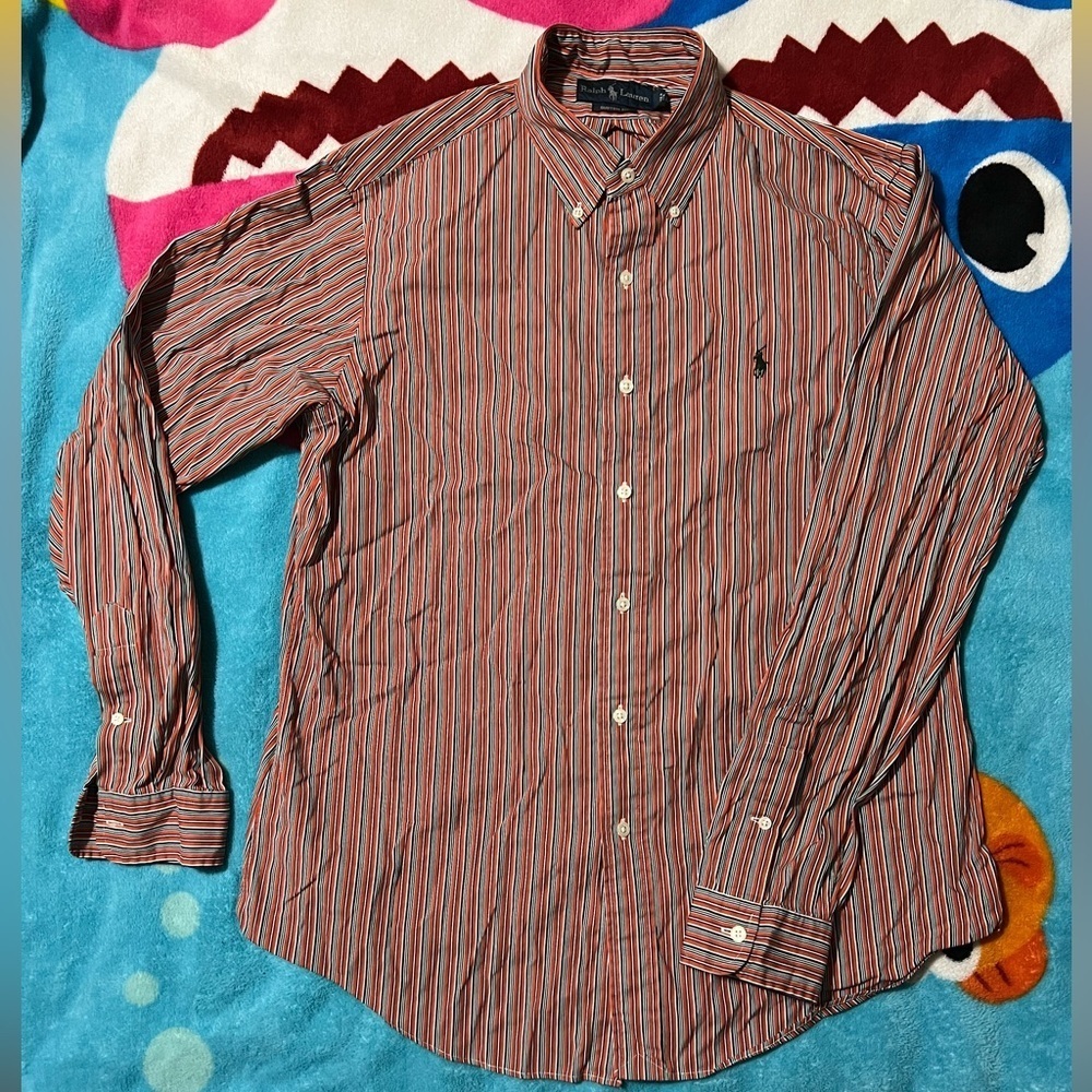 🐎 Ralph Lauren Men’s Long Sleeve Orange Striped Button Dress Shirt - siz…